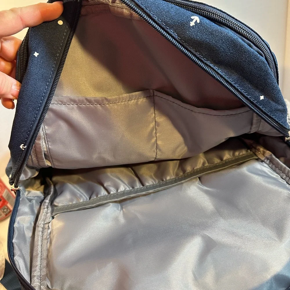Navy Blue with Anchor Print Kaukko brand laptop backpack leather details